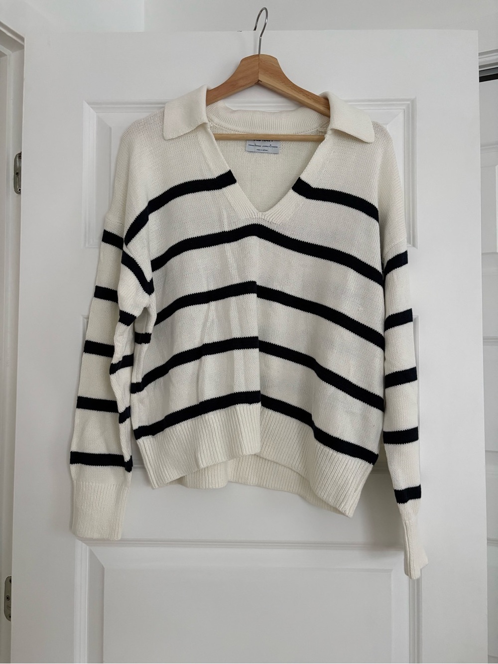 Old Navy Cream and Navy Striped V-Neck Sweater with Collar
